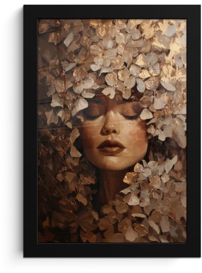 Poster in lijst - Fotolijst 20x30 cm - Posters - Gezicht - Vrouwe - Bladeren - Penseelstreken - Posterlijst zwart - Decoratie - Wanddecoratie woonkamer - Muurdecoratie slaapkamer