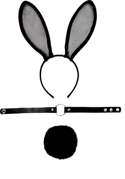 KIMU® Haarband Set Bunny Zwart Gaas - Konijn Oren, Staart & Choker - Diadeem Konijnenoren Mesh - Playboy Sexy Oortjes Rave Paashaas Festival
