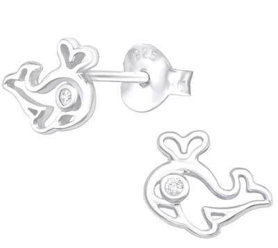 Joy|S - Zilveren walvis oorbellen - 8 x 7 mm - zirkonia - vis - kinderoorbellen