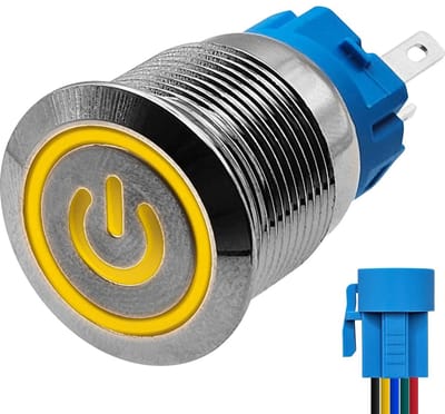 ProRide Metalen Drukschakelaar 12V ON-OFF met Aansluitkabel - 19mm - Aan/uit schakelaar - Spatwaterdicht - 12V/24V - LED Indicatie Geel