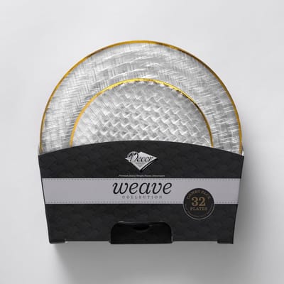 Decorline -32 Luxe herbruikbaar kunststof Party Set Transparent & Goud Herbruikbaar Plastic Serviessets - Weave Collection. Duurzaam Plastic Serviesgoed voor Kerstmis,Bruiloften, Verjaardagen en Partys.
