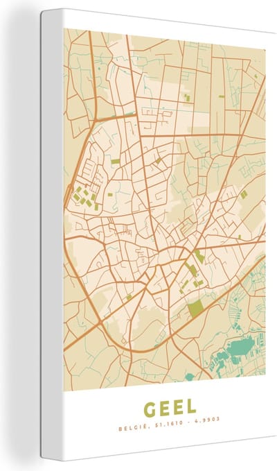 Canvas Schilderij Stadskaart - Vintage - Plattegrond - Kaart - Geel - 20x30 cm - Wanddecoratie