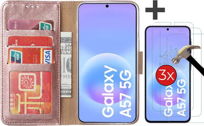 Hoesje met 3 Stuks Screenprotectors Geschikt voor Samsung Galaxy A57 – Arara bookcase met pasjeshouder - Rosegoud