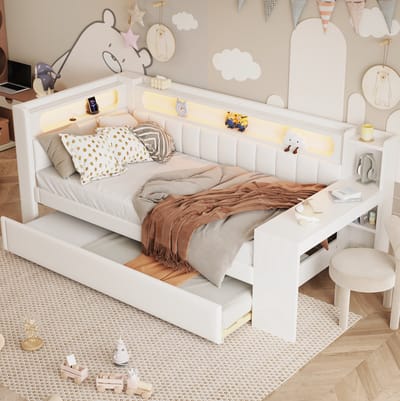 MEUNIQ gestoffeerd dagbed 90x200 cm met uitschuifbed, bureau, USB-aansluiting, LED-verlichting, lattenbodem en rugleuning voor slaapkamer of logeerkamer, wit