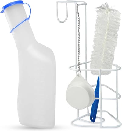 Duurzame urineflessenset 1000 ml met bedhouder en reinigingsborstel - Lekvrij en handig