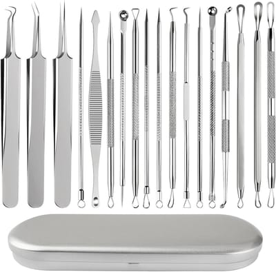 Professionele Set voor het Verwijderen van Mee-eters en Puistjes - 18 Stuks RVS Comedone Extractors met Opbergtas voor Acne, Mee-eters en Witte Hoofden op Gezicht en Neus