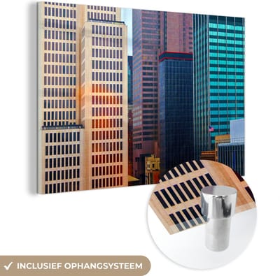 ® Glasschilderij 180x120 cm - Schilderij acrylglas - De blauwe en oranje wolkenkrabbers van Columbus - Foto op glas - Muurdecoratie woonkamer - Wanddecoratie slaapkamer - Schilderijen