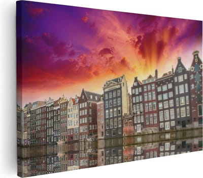 Artaza Canvas Schilderij Grachtenpanden - 30x20 cm - Klein - Wanddecoratie Amsterdam - Muurdecoratie Zonsondergang - Kamer Accessoires