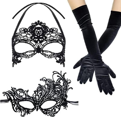 Allecto Plus - 3-delige set Venetiaans masker dames zwart kant Gothic retro carnaval maskerade met handschoenen