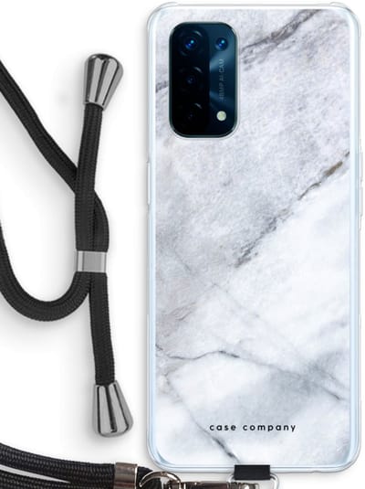 Case Company® - Hoesje met koord geschikt voor Oppo A74 5G hoesje met Koord - Witte marmer - Telefoonhoesje met Zwart Koord - Bescherming aan alle Kanten en Over de Schermrand