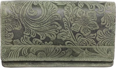 Groene Dames Portemonnee Leer - Met Bloemenprint En Extra Ruim Vak Voor Muntgeld
