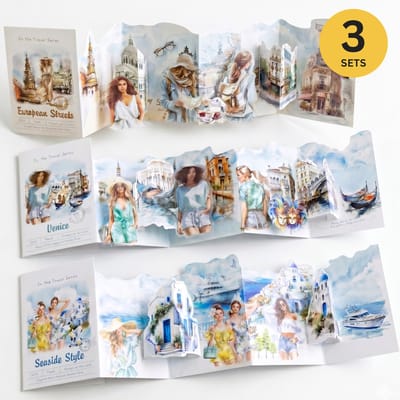 Ainy Travel Scene Stickers Set | 3x DIY PET Stickers Venetië, Europa & Zeekust | Creatief & Rustgevend vakantieboek | Stickervellen voor volwassenen en kinderen