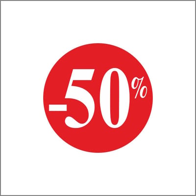 Promotie Stickers - Korting Stickers - 50% korting - Reclame-sticker - rond 25 mm - Rood - Rol à 500 stuks