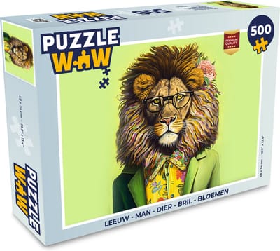 Puzzel Leeuw - Man - Dier - Bril - Bloemen - Legpuzzel - Puzzel 500 stukjes