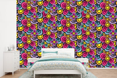 Behang - Fotobehang Patroon - Hippie - Bloemen - Paars - Breedte 360 cm x hoogte 240 cm