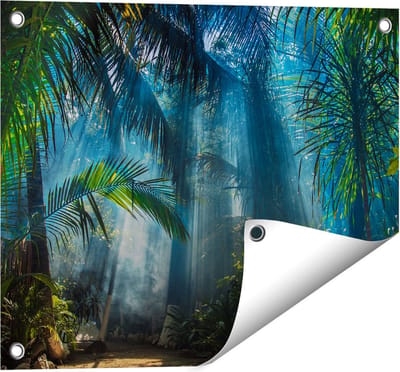 Gards Tuinposter Dichtbegroeide Jungle met Zonnestralen - 50x40 cm - Tuindoek - Tuindecoratie - Wanddecoratie buiten - Tuinschilderij
