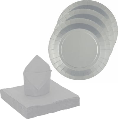 Santex feest/verjaardag servies set - 10x bordjes/25x servetten - zilver - karton
