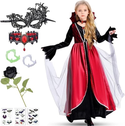 Halloween Kostuum voor Meisjes - Vampier Cape, Jurk, Ketting, Valse Tanden, Oogmasker en Stickers voor Carnaval en Feestjes