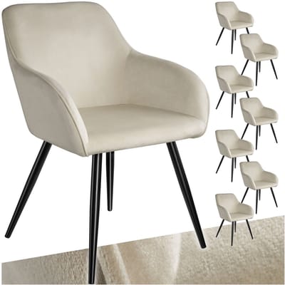 tectake® Eetkamerstoel Marilyn - Set van 8 - Met Armleuningen - Elegante Stoel met Gevoerde Zitting in Fluweellook - Gestoffeerd - Zwarte metalen poten - Ergonomische Keukenstoel - Stoel voor Woonkamer, Eetkamer en Slaapkamer - Creme