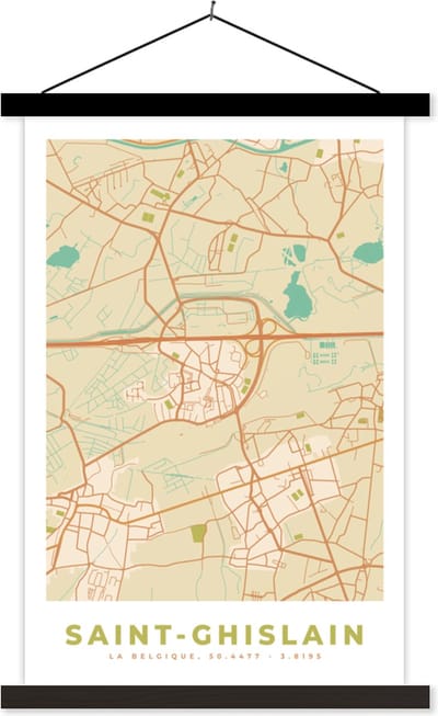 Posterhanger incl. Poster 40x60 cm - Schoolplaat - Plattegrond - Kaart - Vintage - Stadskaart - Saint-Ghislain - Textielposter - Zwarte latten - Stadskaart