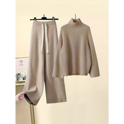 Pull à col montant et pantalon à cordon de serrage, Polyester - Pour femmes - Parfait pour les occasions décontractées et formelles - Idée cadeau pour elle Ons Size beige
