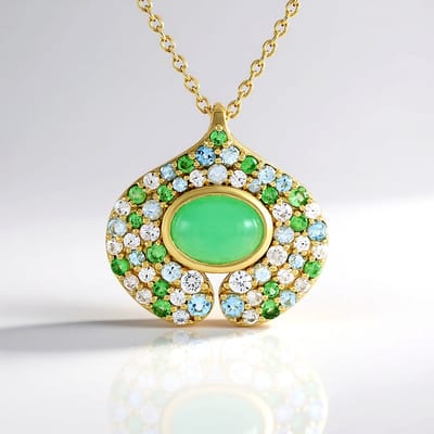 Cavill - Zilveren Halsketting - 925 Sterling Zilver Verguld - 1,35 ct Ovale Chrysopraas - 2,617 ct Zirkonen & Topaas - Elegant Groene Edelsteen