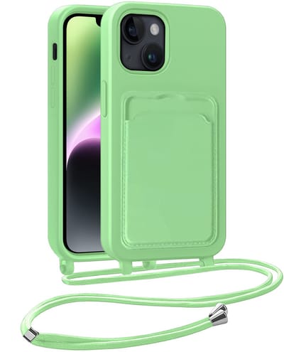 Hoesje Geschikt voor iPhone 13 Hoesje Met Telefoonkoord en Pasjeshouder Siliconen - Hoes Geschikt voor iPhone 13 Hoesje Met Kaarthouder Case - Groen