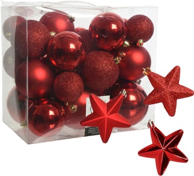 Kerstballen en sterren ornamenten - set 32x stuks - kunststof - rood
