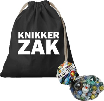 Canvas knikker opbergzakje zwart bedrukt met Knikkerzak en 79 knikkers en bonken - Knikkerspel