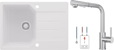 Anycee MAX Spoelbak Keuken 65x45CM - Granieten Spoelbak Wit - Wasbak Keuken Met Lagedruk Keukenkraan - Spoelbakken Keuken Met Kraangat - Met Druiprek en Sifon