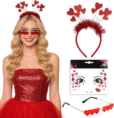 Set van 3 Rode Hart Haarbanden met Love Hart Sequins en Hart Stickers voor Valentijnsdag Feestdecoratie en Carnaval Accessoires