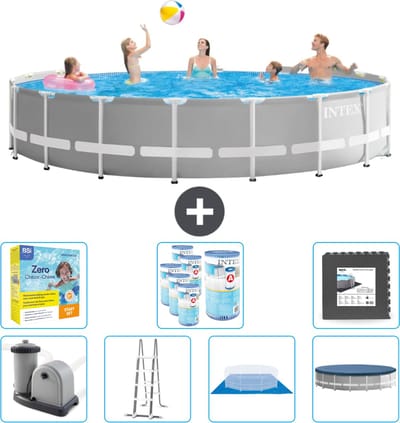 Intex Rond Prism Frame Zwembad - 548 x 122 cm - Grijs - Inclusief Pomp - Ladder - Grondzeil - Afdekzeil Onderhoudspakket - Filters - Vloertegels