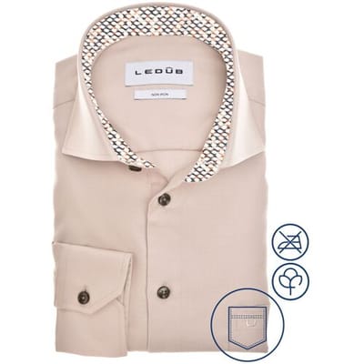 Ledub modern fit overhemd - popeline - lichtbruin - Strijkvrij - Boordmaat: 39