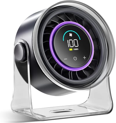 Draagbare bureauventilator, stille ventilator voor de slaapkamer, draagbare ventilator met turboluchtstroom, ventilator met 100 snelheden, digitaal display, 360° kantelbaar, oplaadbare batterij, kleine ventilator voor thuis, kantoor en keuken (wit)