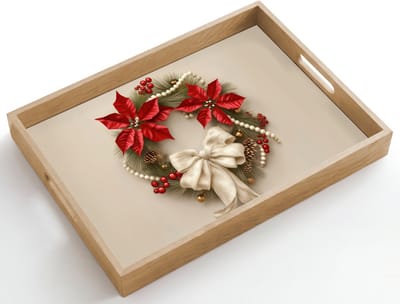 Dienblad hout 50x35 cm - Schootdienblad - Deurkrans - Strik - Kerst - Rood - Groen - Borrelplank rechthoek - Plateau dienbladen