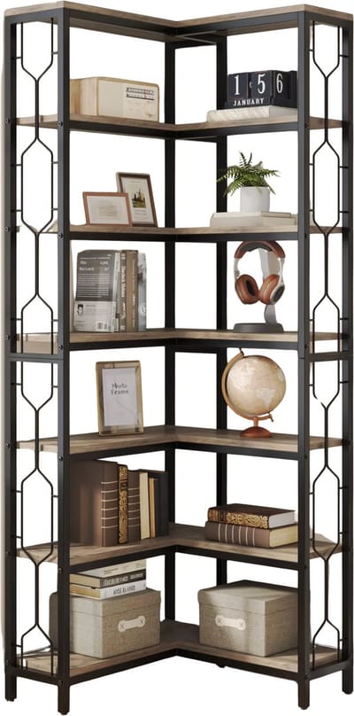 Hoek boekenkast met 7 Lagen - Hoekkast - Grijs - Hoekrek - Voor Woonkamer, Slaapkamer of Kantoor
