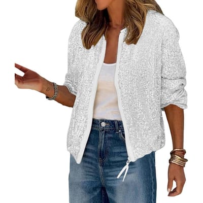 Damesjas Glinsterende pailletten Ronde hals Ritssluiting Lange mouwen Cardigan Kort type Los Club Prestatie Podium Feest Jas M