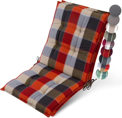 Beautissu Sun-NL – Set van 2 Premium Lage Rugleuning Kussen 100x50 cm - UV-bestendig & 8cm Dik Kussen Tuinstoelkussen Antislip Bevestigingsbanden – Stevige Stof Orange Beige Ruit