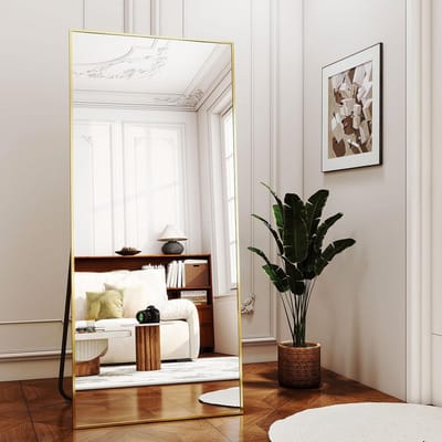 Easly Rechthoekige spiegel in volledige lengte, vloerspiegel met standaard, wandspiegel voor badkamer, kleedkamer, hangend of leunend, full-body spiegel voor slaapkamer, goud