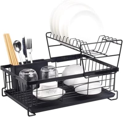 Opbergrek - Organizer - Afdruiprek - 2-Laags Rostvrij Stål Afdruiprek - Verwijderbaar Keuken Aanrecht Droogrek - Opbergplank voor Schotels, Borden en Bestick - Ruimtesparend - Zwart