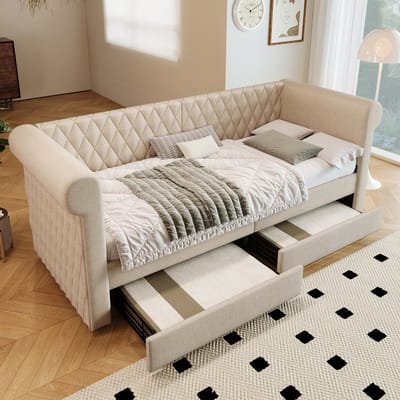 DESMIU Gestoffeerd Bed 90x200cm - Slaapbank Met Gebogen Armleuningen - Twee Opberglades Voor Extra Ruimte - Voor Woonkamer En Logeerkamer - Linnen - Beige - Zonder Matras