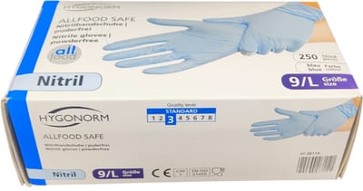 Hygonorm Nitril Handschoenen Maat L – Blauw – 250 Stuks – Poedervrij – Allfood Safe – Wegwerphandschoenen voor Voedselverwerking en Hygiëne