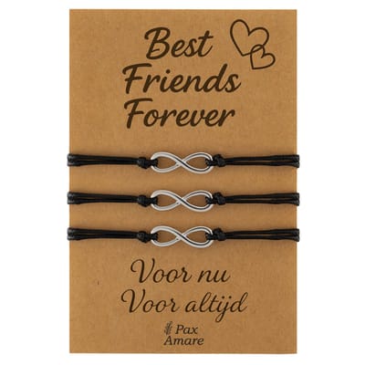 Vriendschapsarmbandjes voor 3 "Best Friends Forever" - Oneindigheidsteken - BFF Armbandjes met Persoonlijk Cadeau Kaartje - Zilverkleurig - Elastisch Verstelbaar - Pax Amare