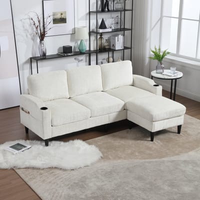 REDOM - 4-Zitsbank - Met Hocker En Opbergruimte, Bekerhouders En Zijvakken - Modern - Voor Woonkamer - Chenille - Beige - 196,5 X 75 X 77 Cm