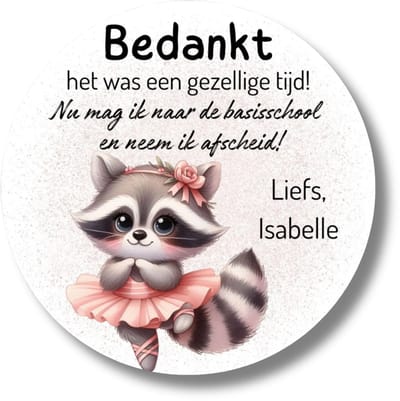 Afscheidsstickers meisje – Bedankt het was een gezellige tijd – Gepersonaliseerd met naam – Wasbeer in ballerina – 20 stuks – Schooltraktatie