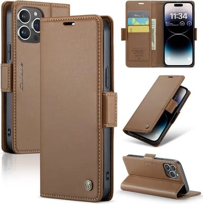 CaseMe Wallet Case met RFID Bescherming en Magneetsluiting voor iPhone 14 Pro _ Bruin