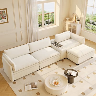 HAUSS SPOLE Hoekbank - Modulaire 4-Zits Bank - Verplaatsbare Hocker Met Opbergruimte En Verlichting - Voor Woonkamer En Kantoor - Chenille Beige