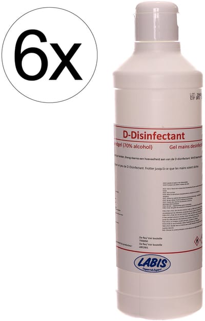 6x Krachtige desinfecterende vloeistof met 70% alcohol. Doodt 99,9% van bacteriën en virussen. Sneldrogend, plakt niet. Set van 6 flessen van 500 ml – ideaal voor thuis, kantoor of professionele omgeving.