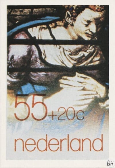 Briefkaart met afbeelding Fragment van gebrandschilderd raam in de St.Janskerk te Gouda postzegel