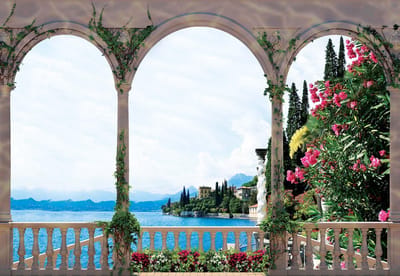 Fotobehang Lake Through The Arches | XL - 208cm x 146cm | 130g/m2 Vlies